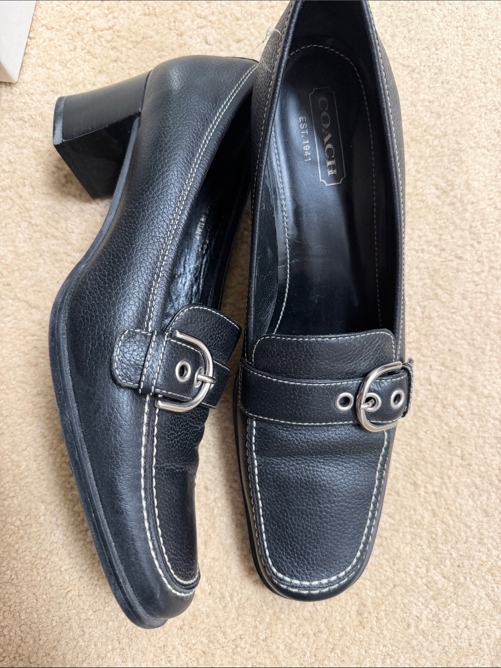 Coach Black Leather Buckle Block Heel Loafers